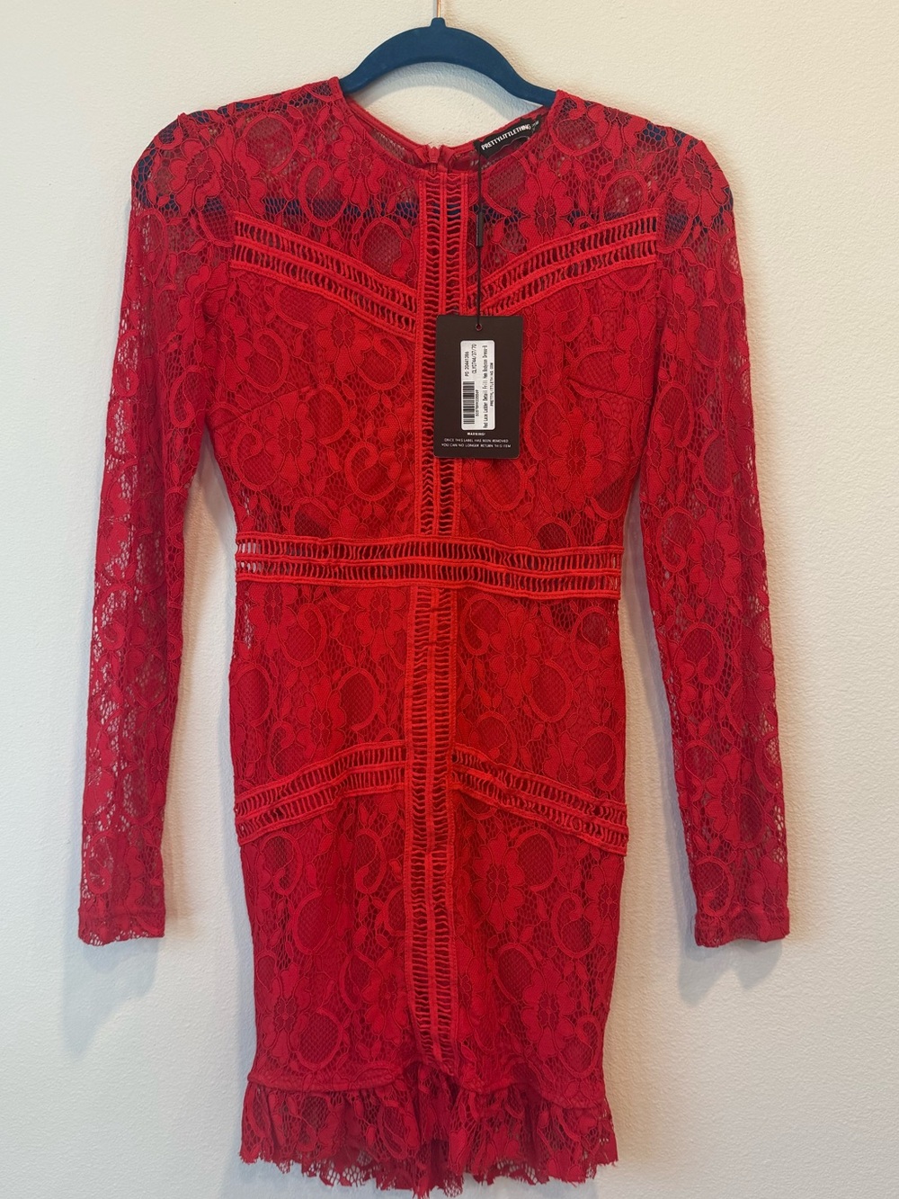 PrettyLittleThing Red Lace Ladder Detail Long Sleeve Bodycon Mini Dress